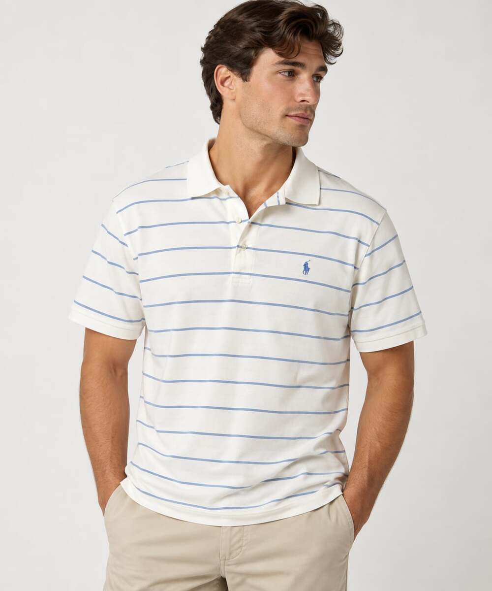 Polo Ralph Lauren Striped Soft Cotton Polo Shirt White Blue Size Medium